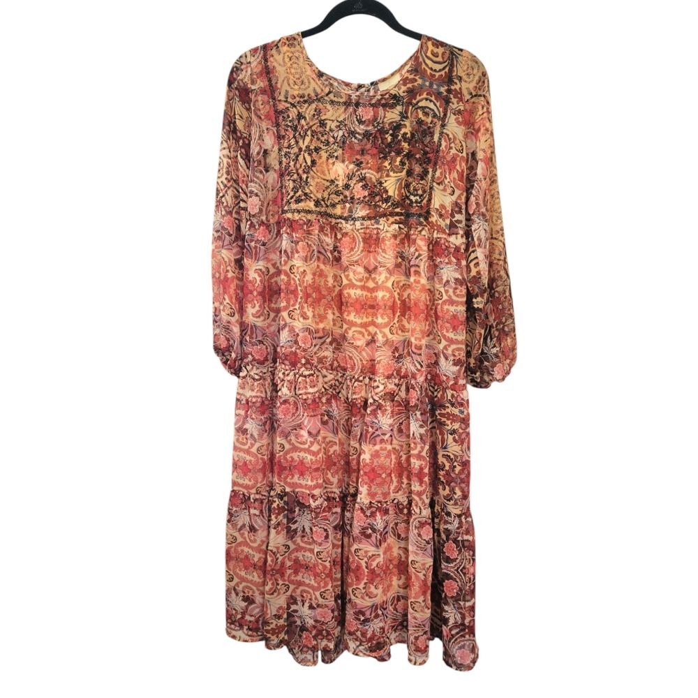 Knox Rose Floral Embroidered Boho Midi Dress Size Medium Cream & Pink